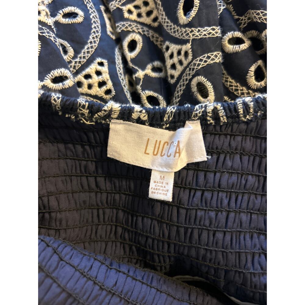 Lucca | 100% Cotton Navy/White Eyelit Babydoll Back Cutout Half Sleeve Dress | M - Picture 15 of 15